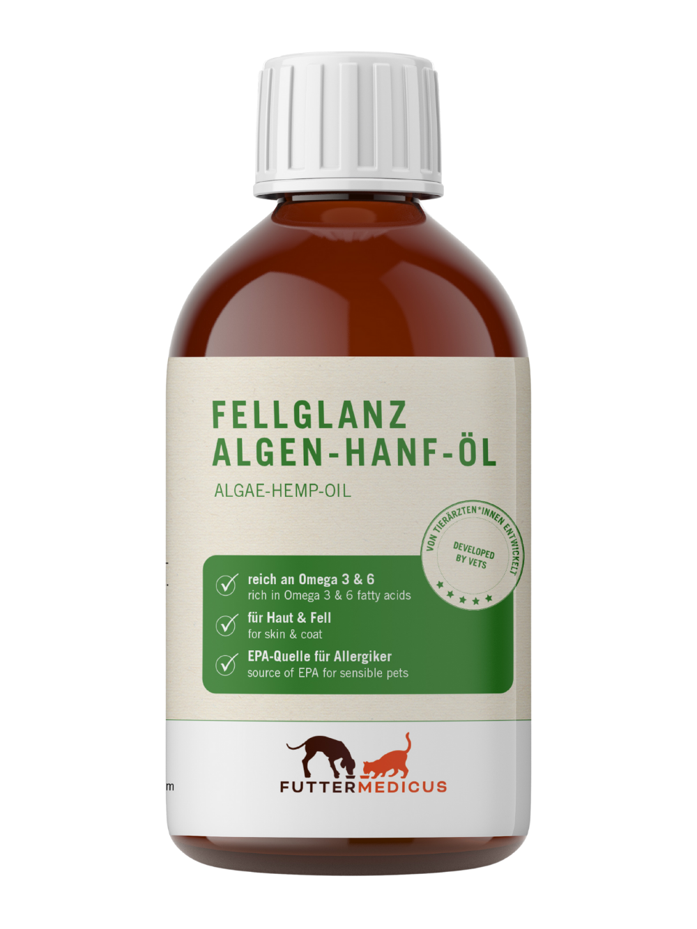 Futtermedicus | Fellglanz Algen-Hanf-Öl 250 ml I Öl für Hunde und Katzen